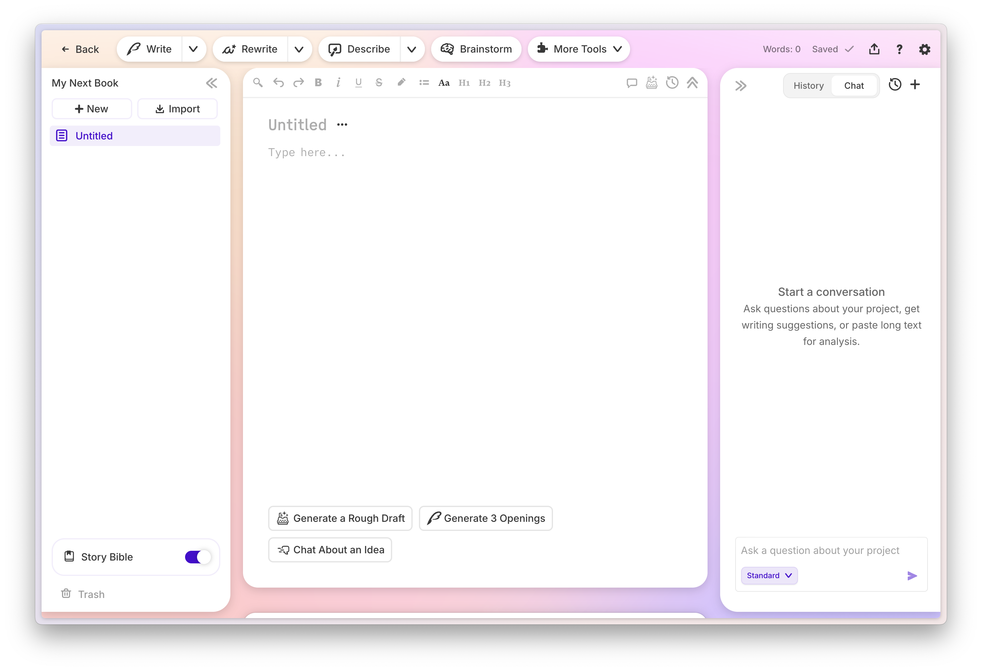 Sudowrite's three-column editor with document list, writing area, and AI chat/history panel